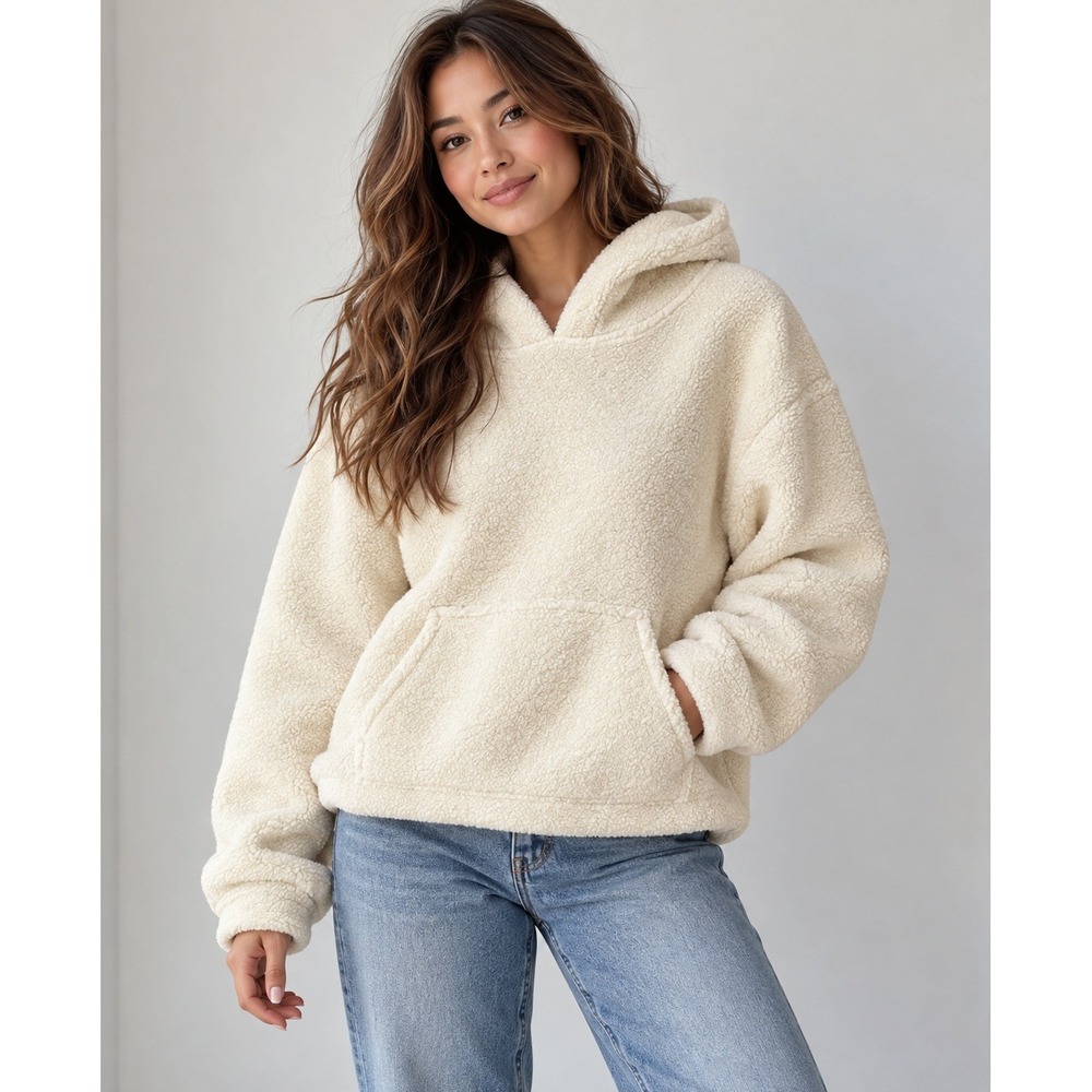 Dakini Sherpa Fleece Hoodie Off White Pullover Cozy Cabincore Athheisure Medium